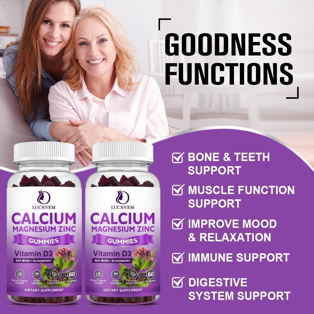 Calcium Magnesium Zinc Gummies with Elderberry & Sea Moss - 2:1 Ratio, Magnesium Glycinate, Vitamin D3 - Bone, Muscle, Mood, Sleep Support - 60 Gummies (3 Packs)