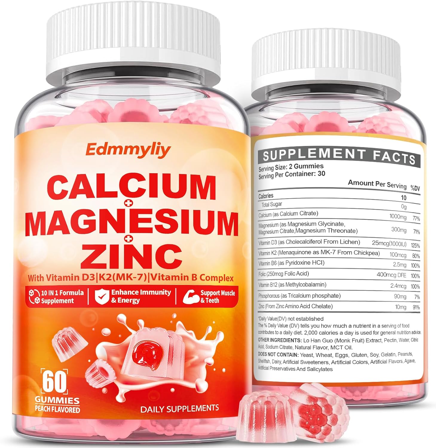 Calcium Magnesium Zinc Gummies with Vitamin D3 K2 & B Complex - 1000mg Calcium Citrate for Bone, Muscles & Immune Support - Sugar Free Vegan Supplement