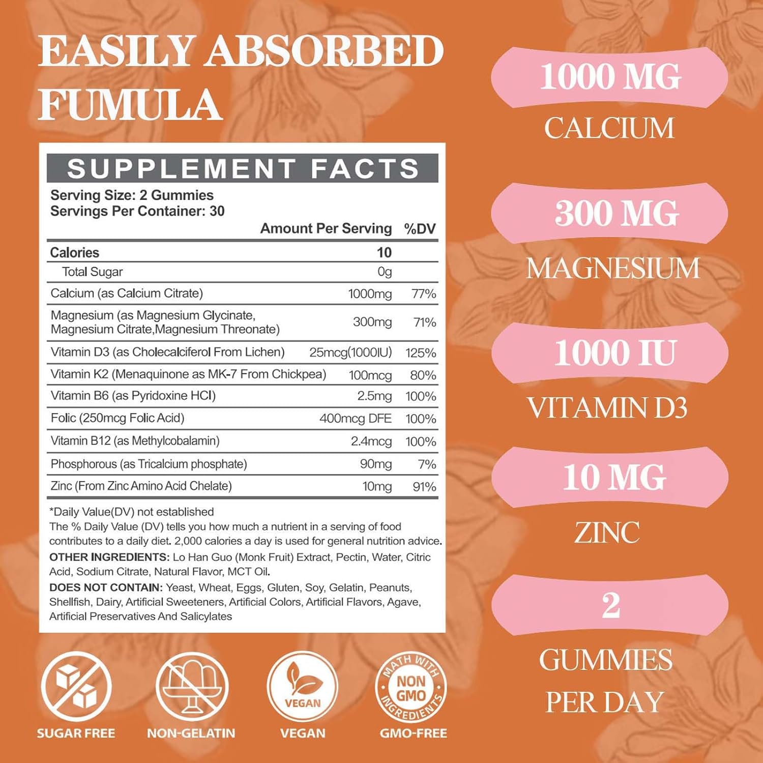Calcium Magnesium Zinc Gummies with Vitamin D3 K2 & B Complex - 1000mg Calcium Citrate for Bone, Muscles & Immune Support - Sugar Free Vegan Supplement