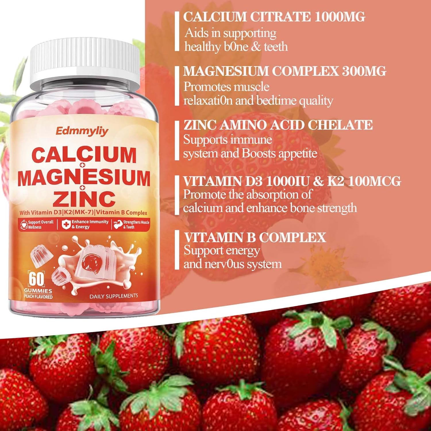 Calcium Magnesium Zinc Gummies with Vitamin D3 K2 & B Complex - 1000mg Calcium Citrate for Bone, Muscles & Immune Support - Sugar Free Vegan Supplement