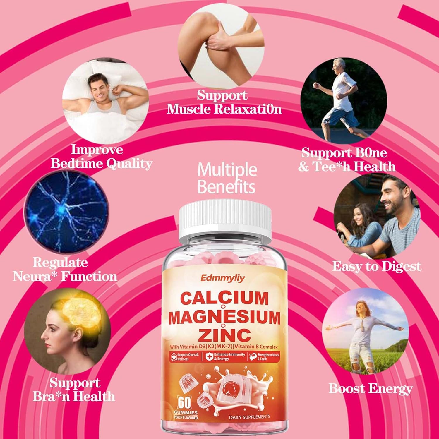 Calcium Magnesium Zinc Gummies with Vitamin D3 K2 & B Complex - 1000mg Calcium Citrate for Bone, Muscles & Immune Support - Sugar Free Vegan Supplement