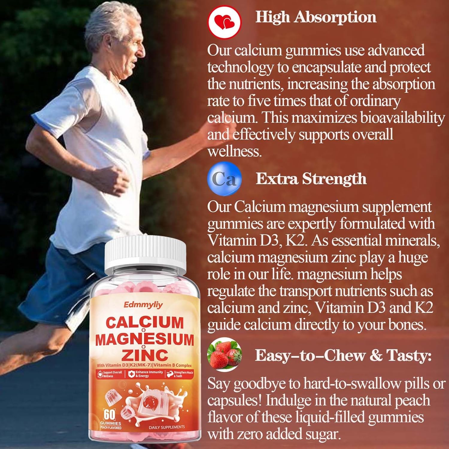 Calcium Magnesium Zinc Gummies with Vitamin D3 K2 & B Complex - 1000mg Calcium Citrate for Bone, Muscles & Immune Support - Sugar Free Vegan Supplement