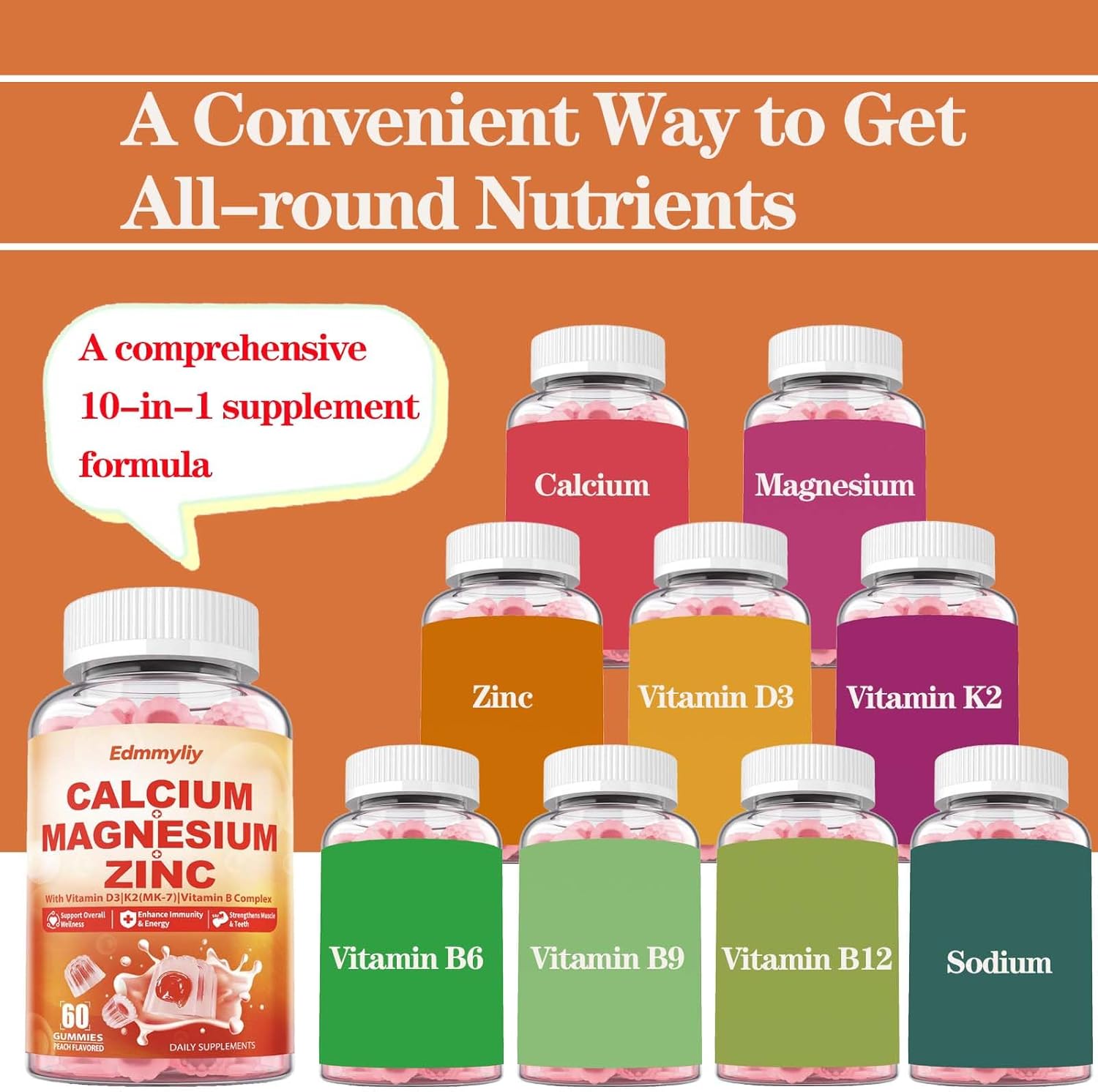 Calcium Magnesium Zinc Gummies with Vitamin D3 K2 & B Complex - 1000mg Calcium Citrate for Bone, Muscles & Immune Support - Sugar Free Vegan Supplement