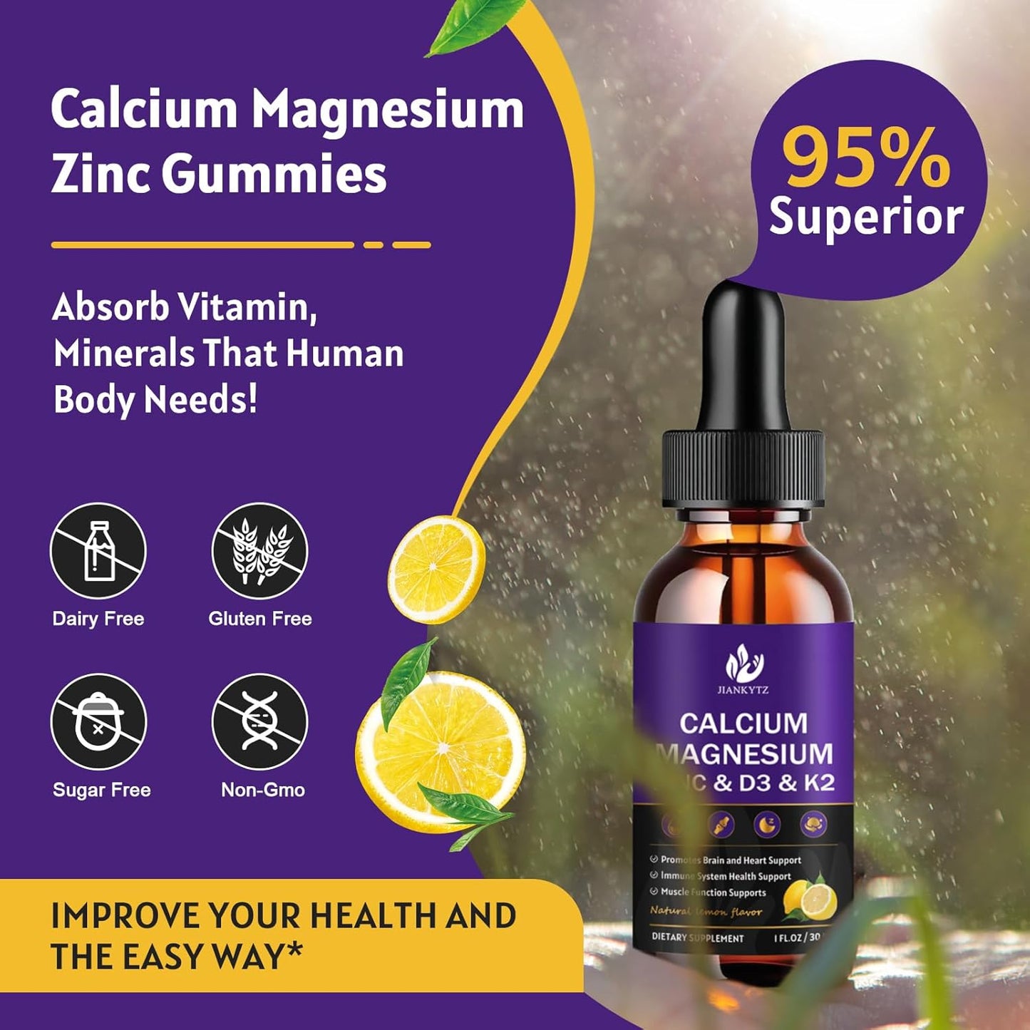 Calcium Magnesium Zinc Supplement with Vitamin D3 K2 Liquid Drop and Sea Moss - 2 Pack | High Absorption Calcium with Vitamin C D3 B6 | Gluten Free