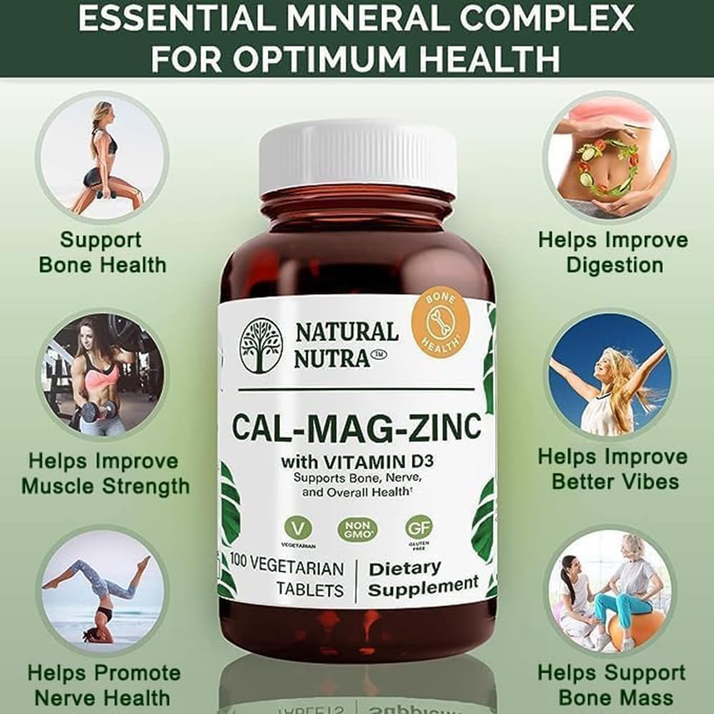 Calcium Magnesium Zinc Supplement with Vitamin D3 for Bone Strength - 100 Count Essential Mineral Complex for Digestive Health, Gluten and Sugar Free
