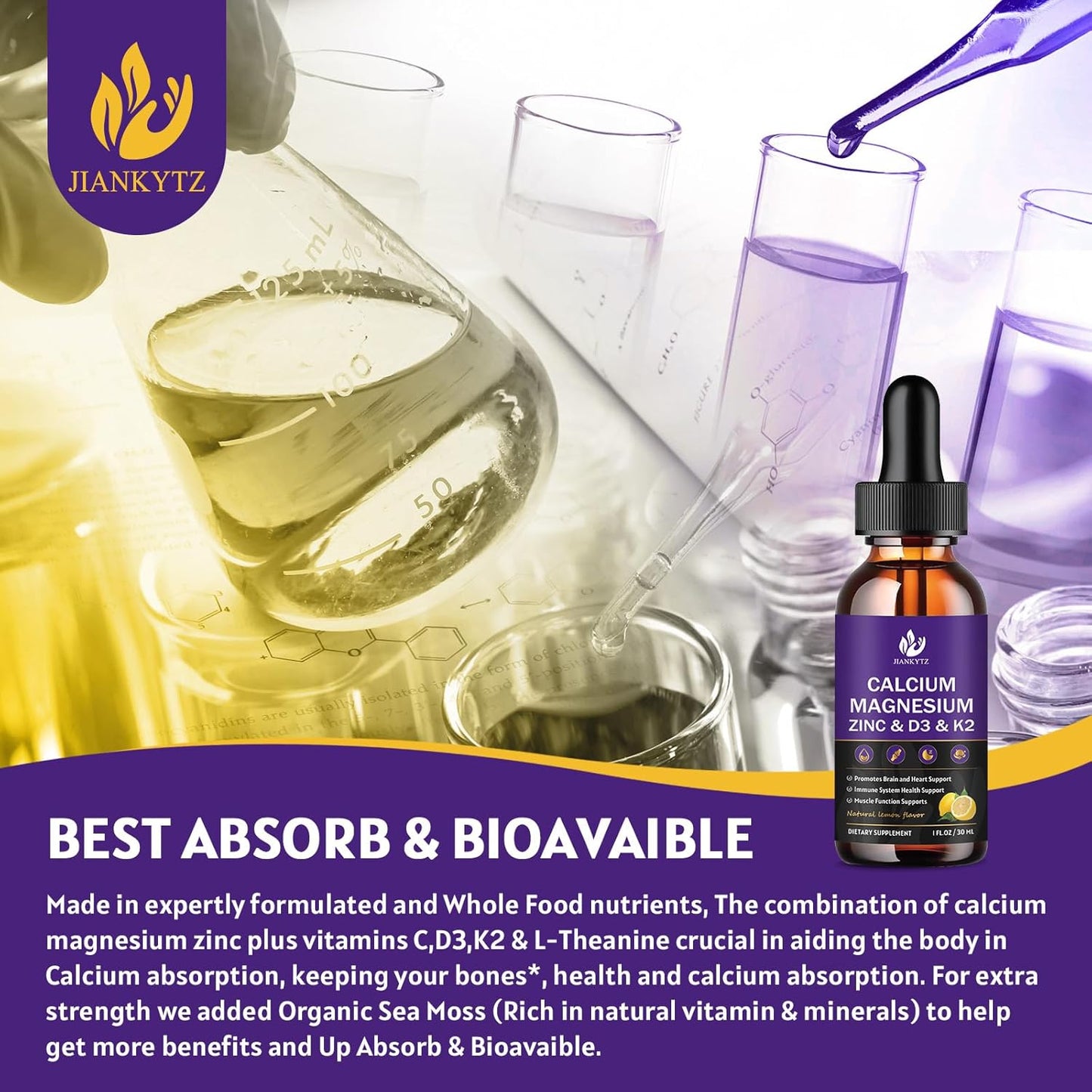 Calcium Magnesium Zinc Supplement with Vitamin D3 K2 Liquid Drop and Sea Moss - 2 Pack | High Absorption Calcium with Vitamin C D3 B6 | Gluten Free