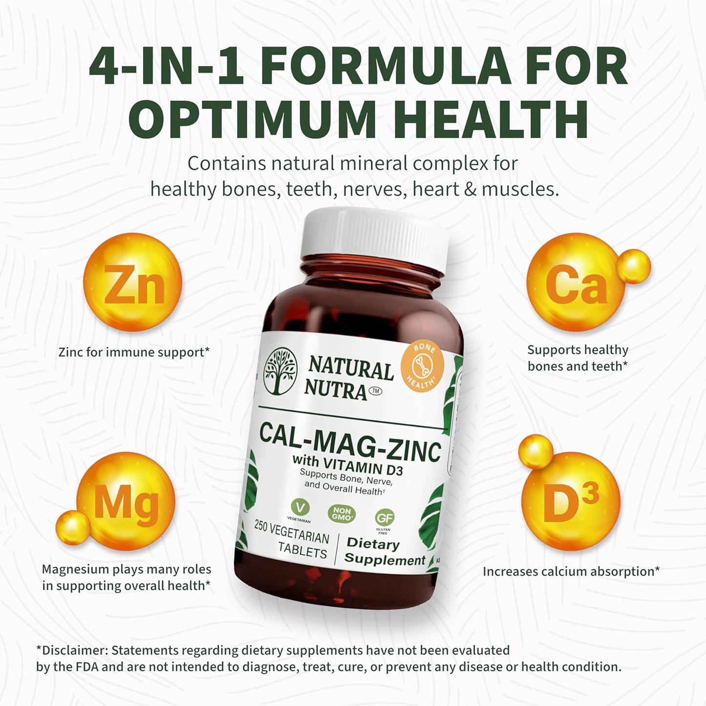 Calcium Magnesium Zinc Supplement with Vitamin D3 for Bone Strength and Nerve Health - 250 Count