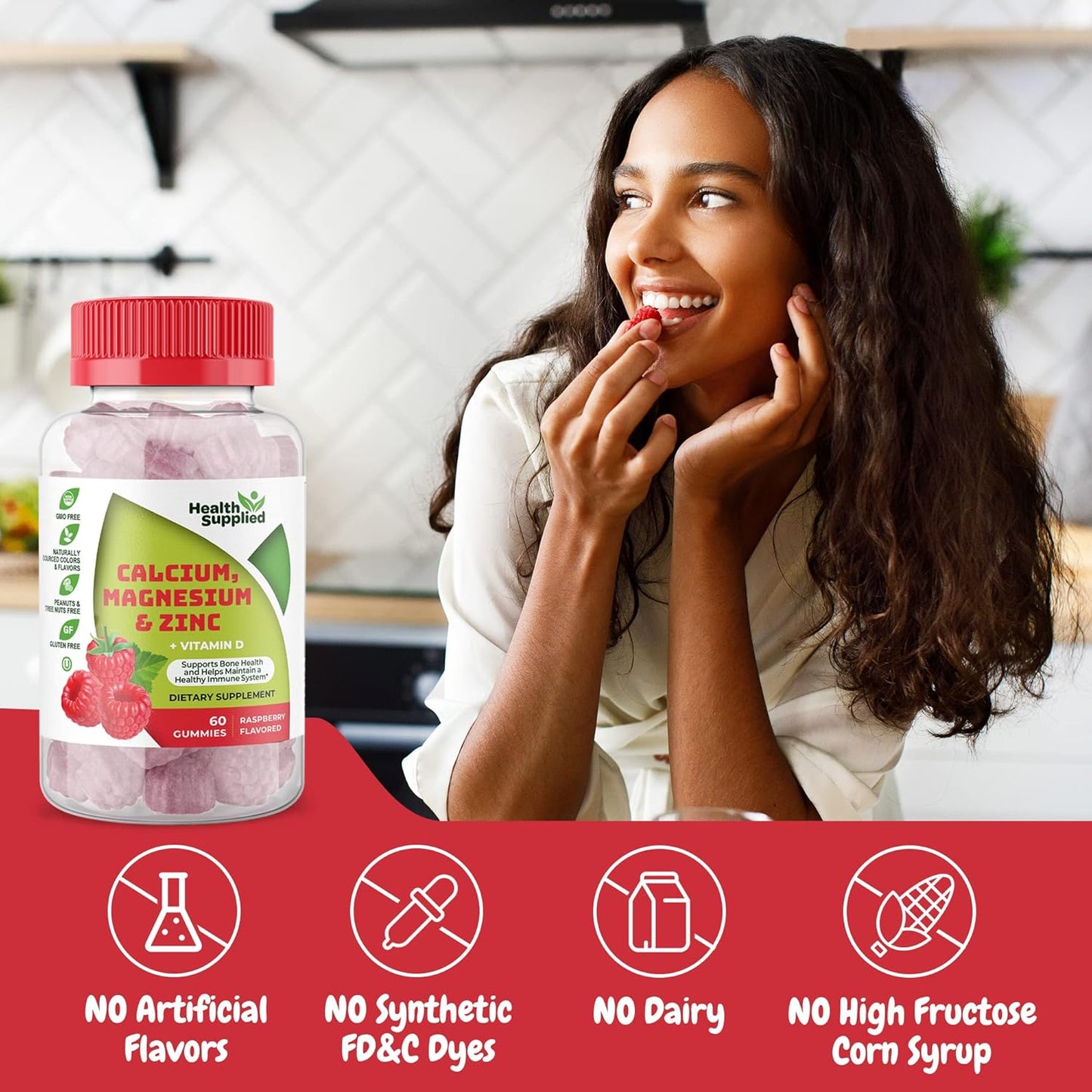 Calcium Magnesium Zinc Vitamin D Gummies for Bone Health, Immune Support, Energy, Muscle Function - Daily Supplement for Adults & Teens - Fruity Raspberry Flavor