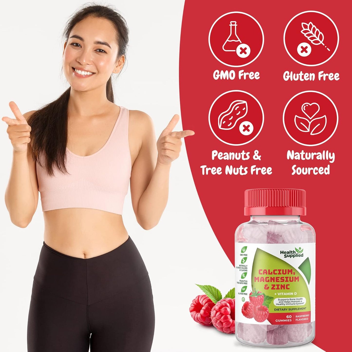 Calcium Magnesium Zinc Vitamin D Gummies for Bone Health, Immune Support, Energy, Muscle Function - Daily Supplement for Adults & Teens - Fruity Raspberry Flavor