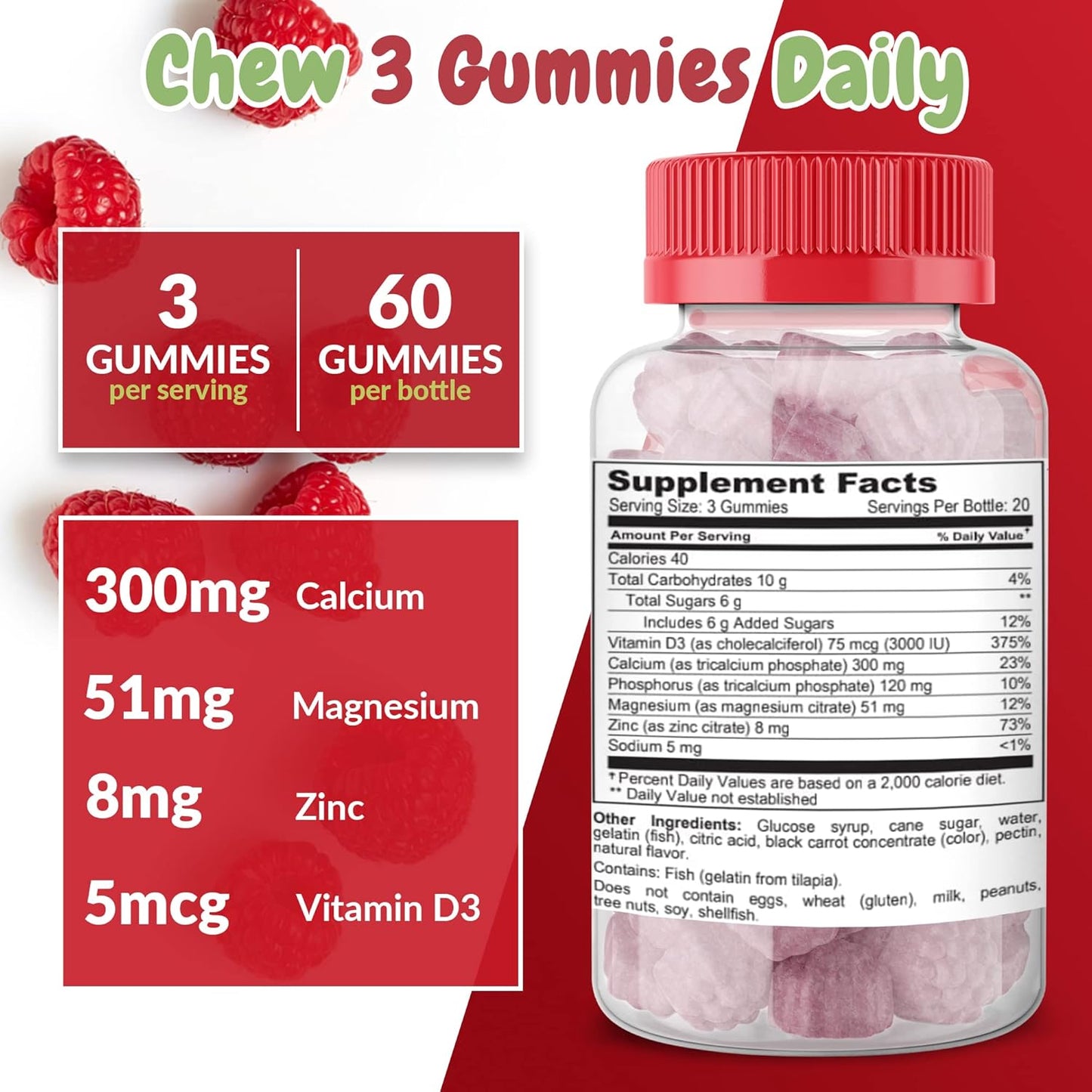 Calcium Magnesium Zinc Vitamin D Gummies for Bone Health, Immune Support, Energy, Muscle Function - Daily Supplement for Adults & Teens - Fruity Raspberry Flavor