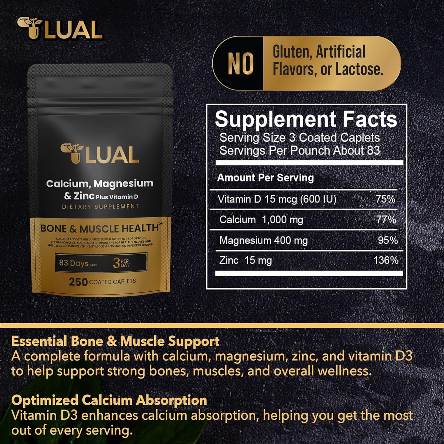 Calcium, Magnesium, Zinc & Vitamin D3 Caplets Dietary Supplement 250 Count - LUAL Formula