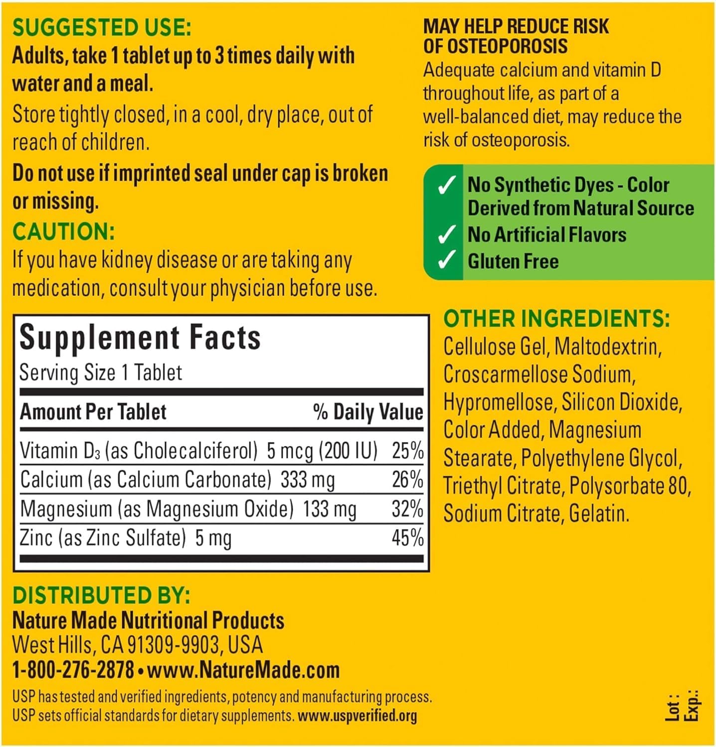 Calcium, Magnesium, Zinc & Vitamin D3 Tablets for Bone Strength - 300 Count