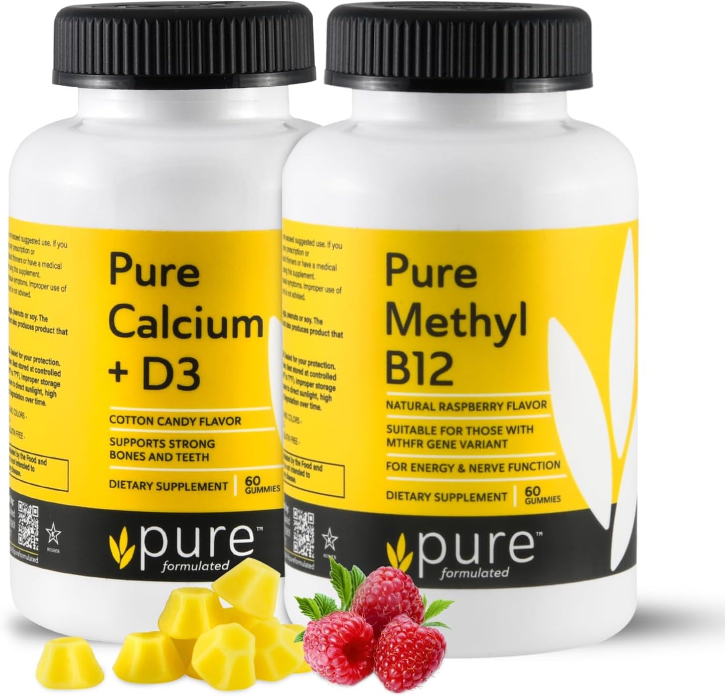 Calcium & Methyl B12 Chewable Gummies for Strong Bones & Nerve Function - Cotton Candy & Raspberry Flavor - 2 Bottles