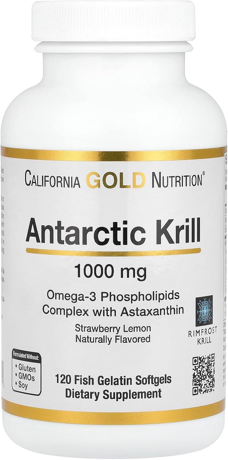 California Gold Nutrition Antarctic Krill Oil Softgels, 1,000 mg, Omega-3 Phospholipids with Astaxanthin, Strawberry & Lemon Flavor, Non GMO - 120 Count