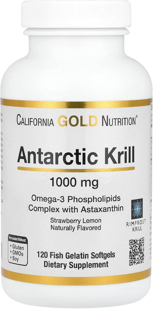 California Gold Nutrition Antarctic Krill Oil Softgels, 1,000 mg, Omega-3 Phospholipids with Astaxanthin, Strawberry & Lemon Flavor, Non GMO - 120 Count
