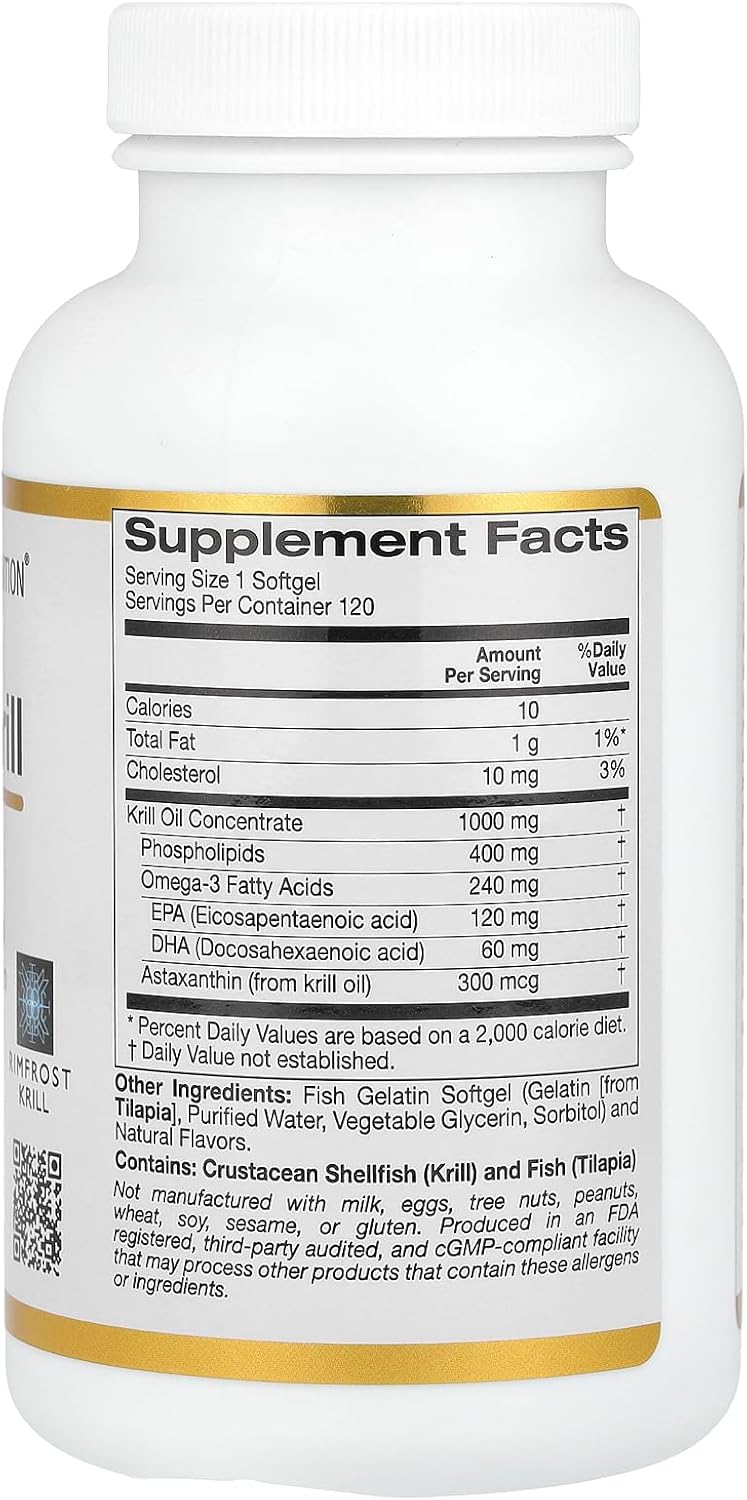California Gold Nutrition Antarctic Krill Oil Softgels, 1,000 mg, Omega-3 Phospholipids with Astaxanthin, Strawberry & Lemon Flavor, Non GMO - 120 Count