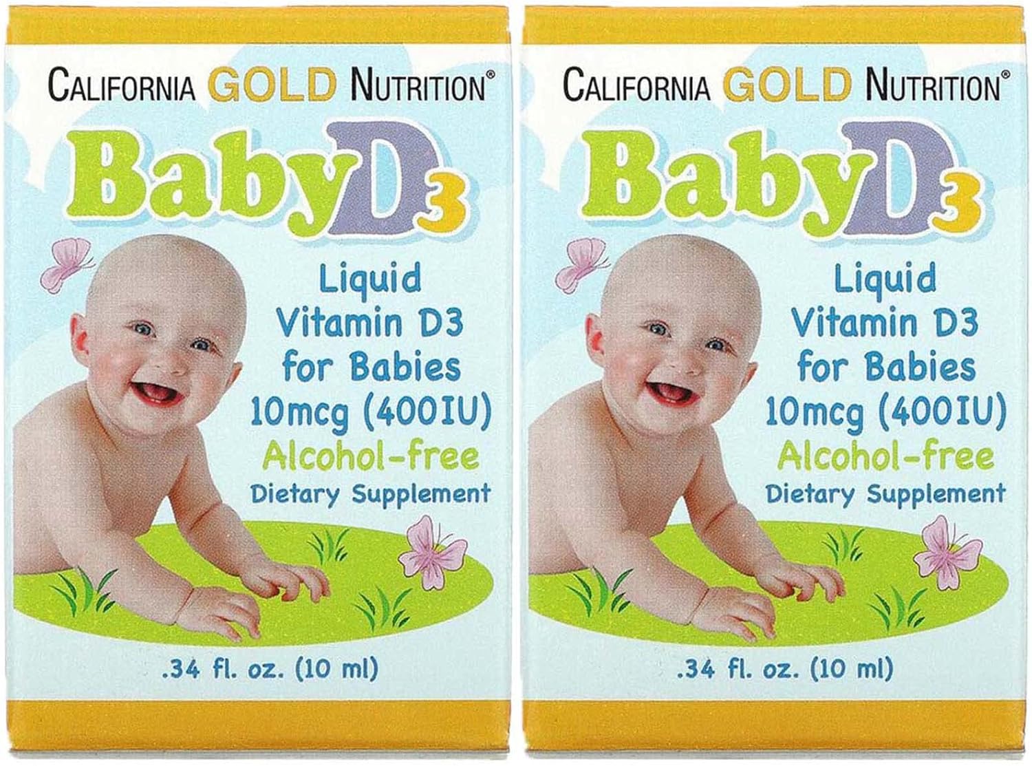 California Gold Nutrition Baby Vitamin D3 Liquid Supplement - 10mcg (400 IU) - Vegetarian-Friendly for Developmental Support - Alcohol & Gluten Free - Non-GMO - 0.34 fl oz (10ml) - Pack of 2