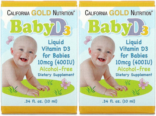 California Gold Nutrition Baby Vitamin D3 Liquid Supplement - 10mcg (400 IU) - Vegetarian-Friendly for Developmental Support - Alcohol & Gluten Free - Non-GMO - 0.34 fl oz (10ml) - Pack of 2