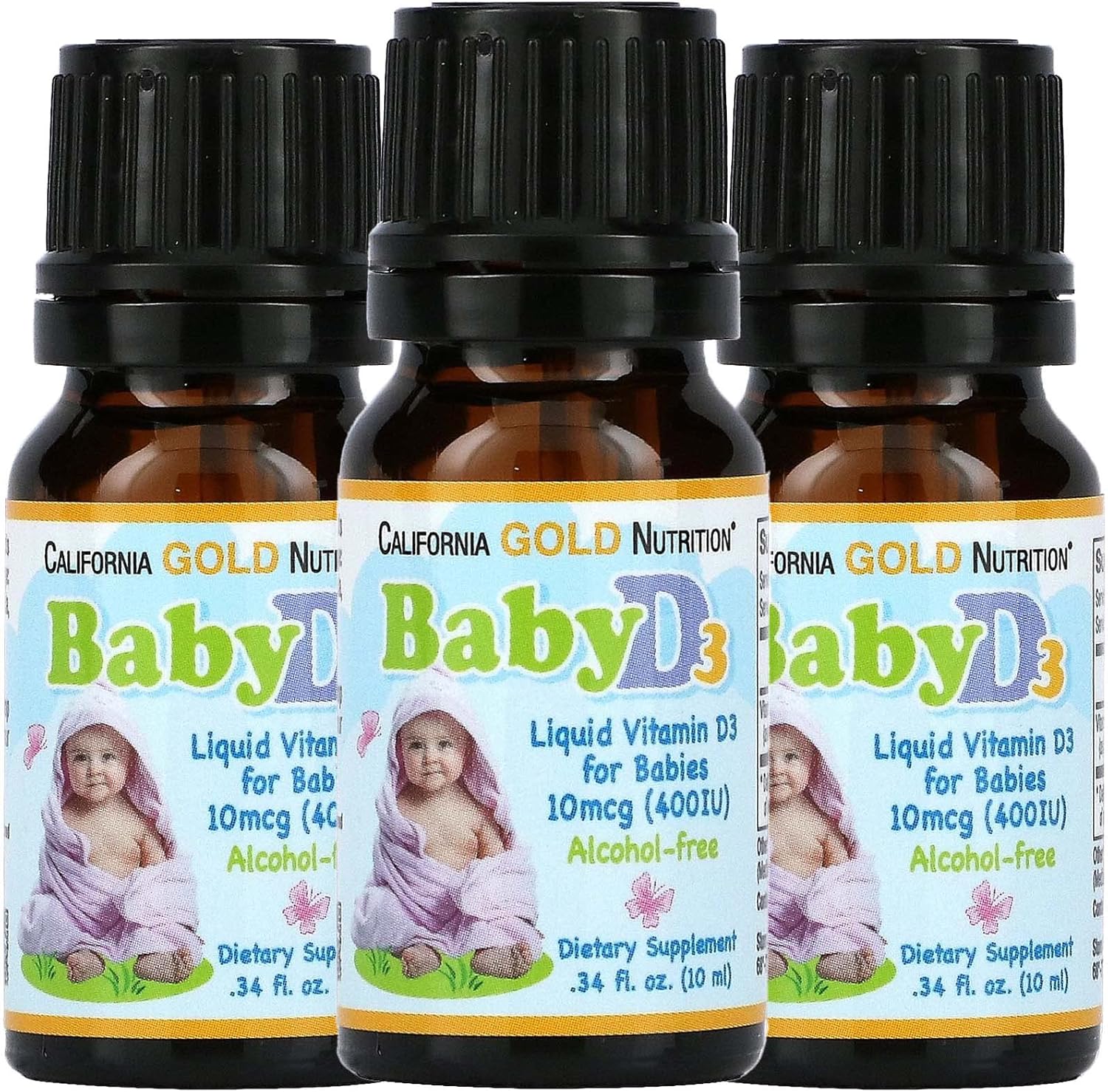 California Gold Nutrition Baby Vitamin D3 Liquid Supplement 10 mcg (400 IU) - Vegetarian Friendly for Developmental Support - Alcohol & Gluten Free - Non-GMO - 0.34 fl oz (10 ml)