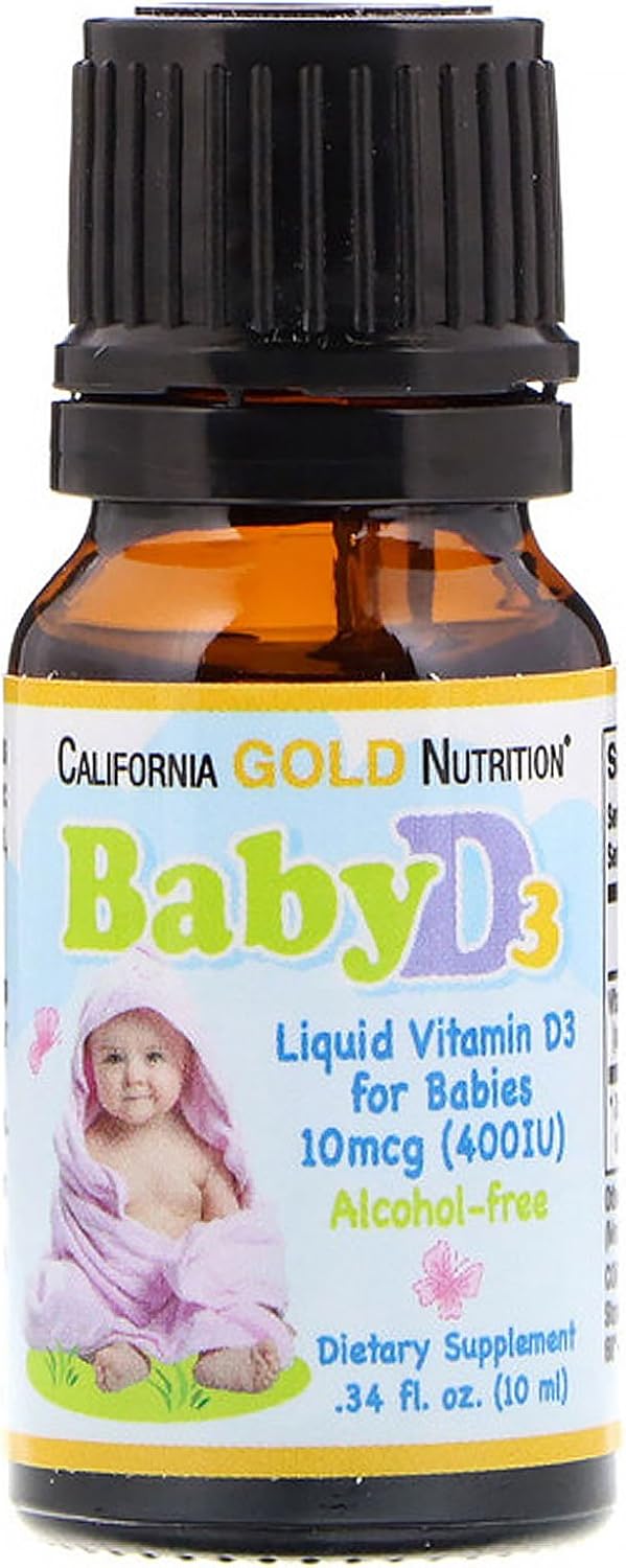 California Gold Nutrition Baby Vitamin D3 Liquid Supplement - 10mcg (400 IU) - Vegetarian-Friendly for Developmental Support - Alcohol & Gluten Free - Non-GMO - 0.34 fl oz (10ml) - Pack of 2