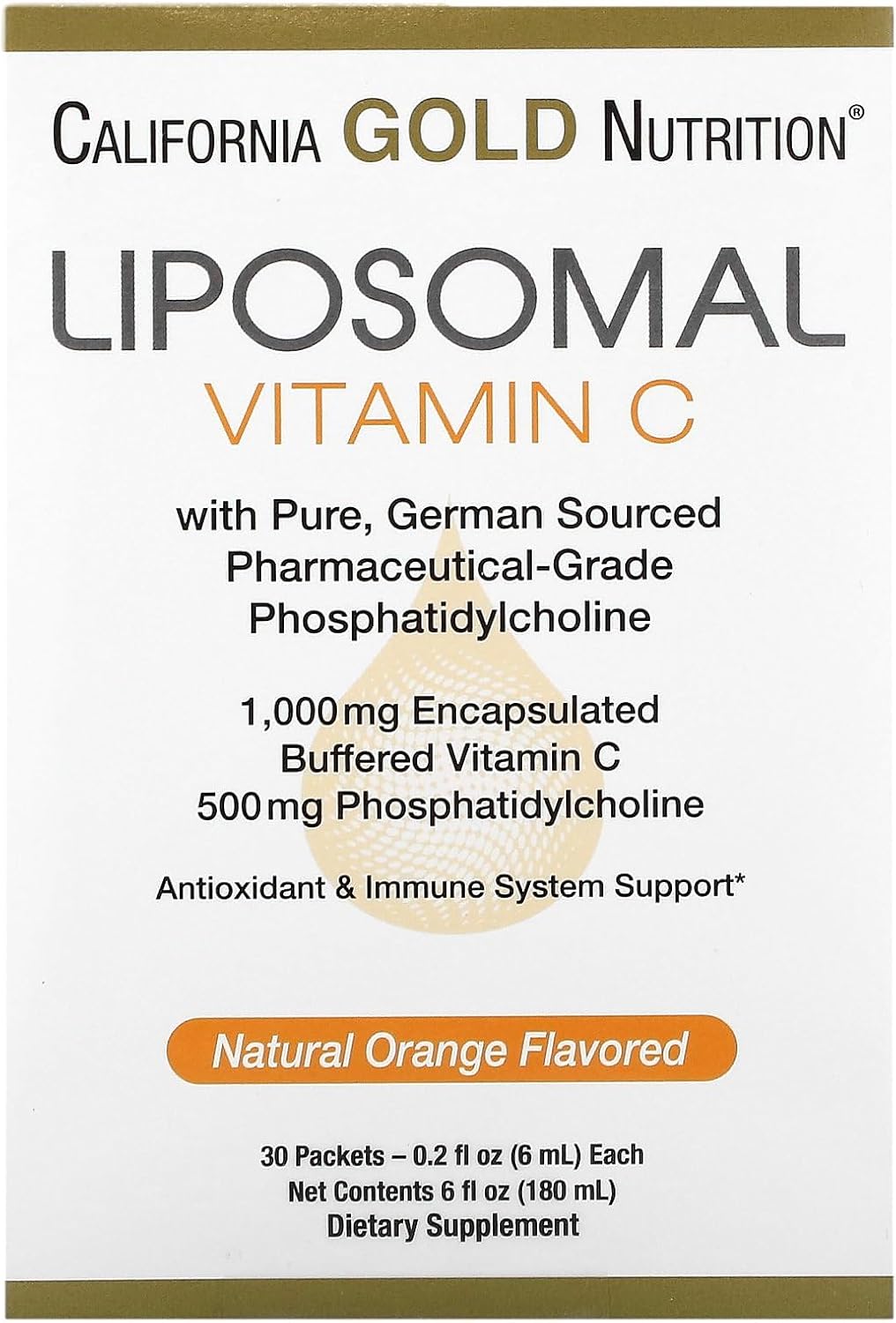 California Gold Nutrition Liposomal Vitamin C Liquid Supplement - Vegan Antioxidant & Immune Support - 1,000mg, 30 Packets, Orange Flavor