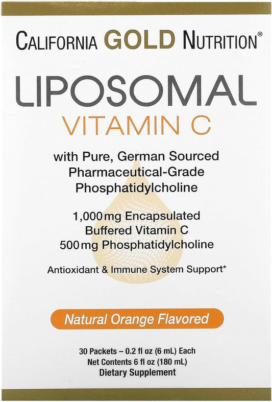 California Gold Nutrition Liposomal Vitamin C Liquid Supplement - Vegan Antioxidant & Immune Support - 1,000mg, 30 Packets, Orange Flavor