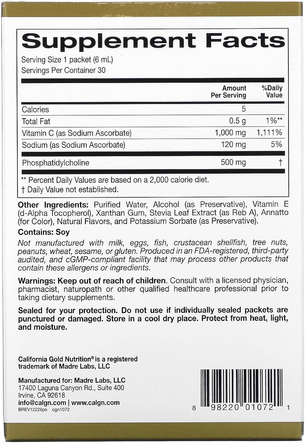 California Gold Nutrition Liposomal Vitamin C Liquid Supplement - Vegan Antioxidant & Immune Support - 1,000mg, 30 Packets, Orange Flavor