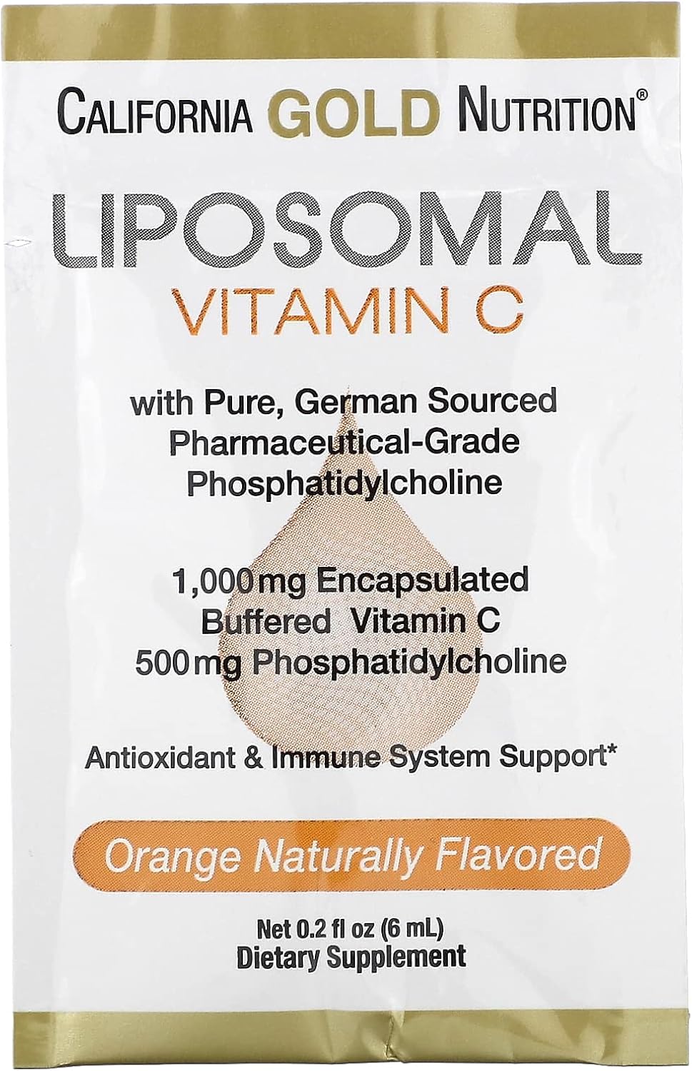 California Gold Nutrition Liposomal Vitamin C Liquid Supplement - Vegan Antioxidant & Immune Support - 1,000mg, 30 Packets, Orange Flavor