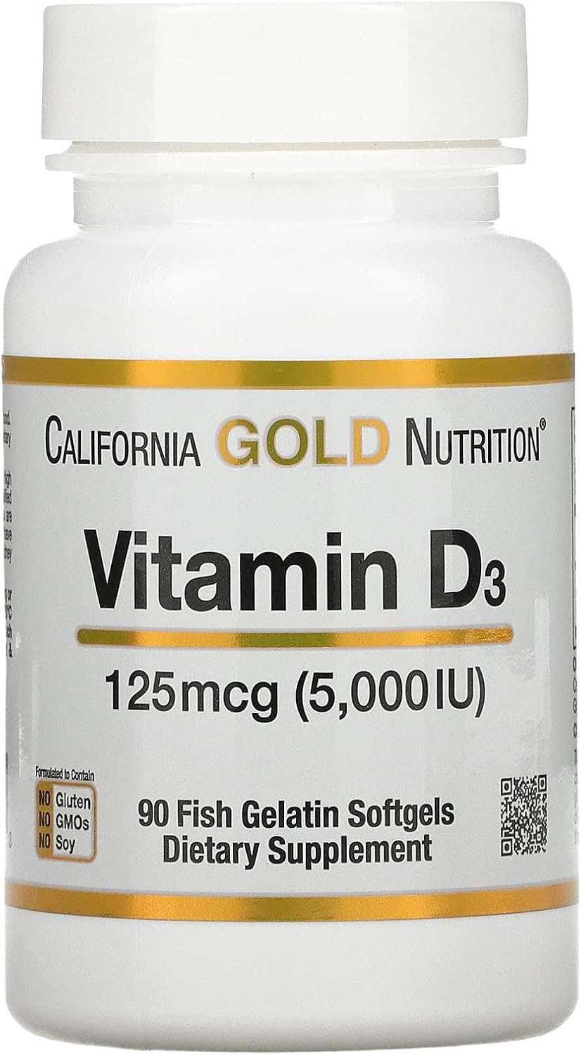 California Gold Nutrition Vitamin D3 5000 IU Softgel Supplement - 2 Pack (90 Count Each) - Bone, Teeth, & Immune System Support - Gluten-Free, Non-GMO - 125 mcg
