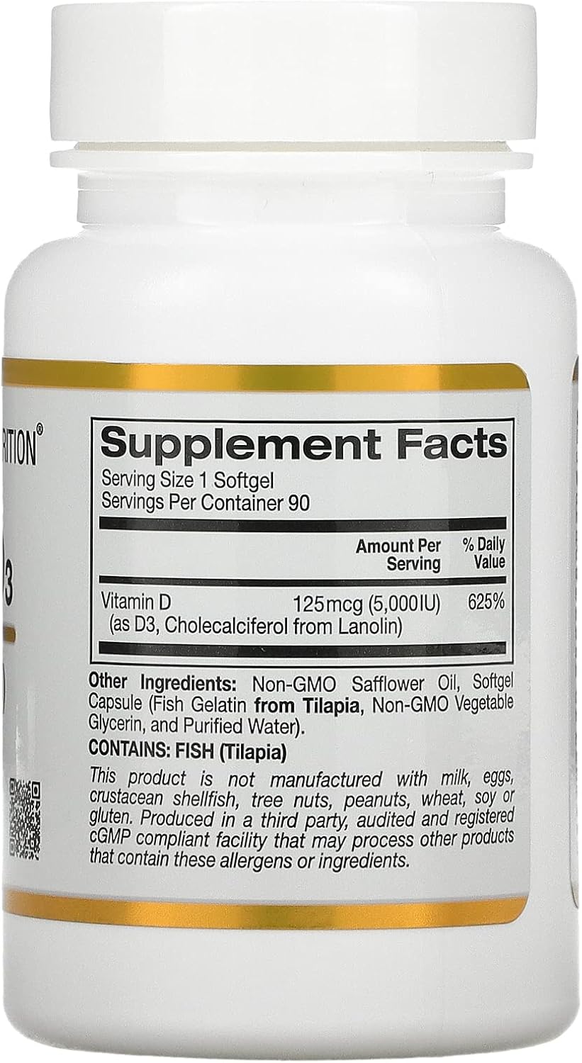 California Gold Nutrition Vitamin D3 5000 IU Softgel Supplement - 2 Pack (90 Count Each) - Bone, Teeth, & Immune System Support - Gluten-Free, Non-GMO - 125 mcg