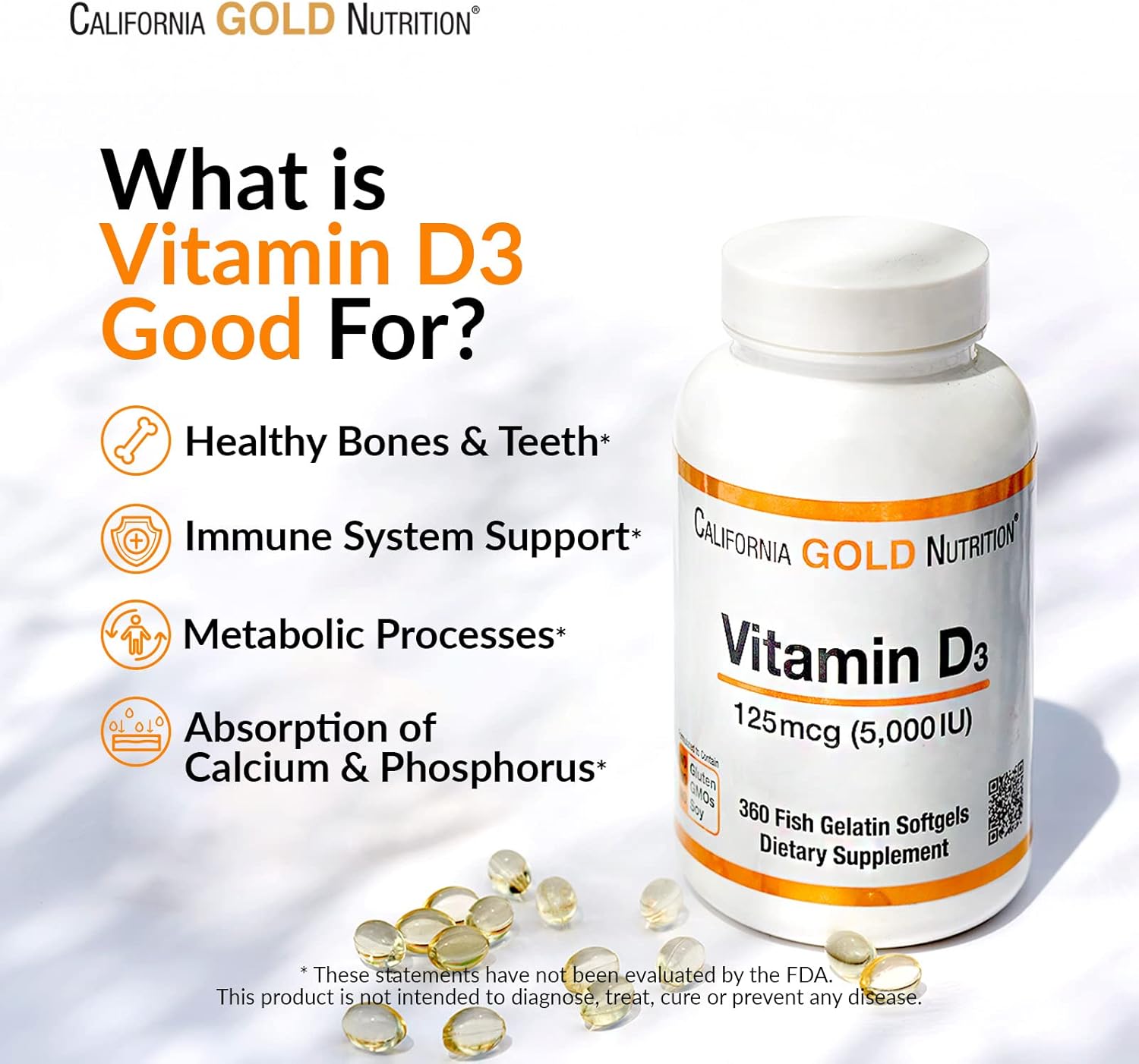 California Gold Nutrition Vitamin D3 5000 IU Softgel Supplement - 2 Pack (90 Count Each) - Bone, Teeth, & Immune System Support - Gluten-Free, Non-GMO - 125 mcg