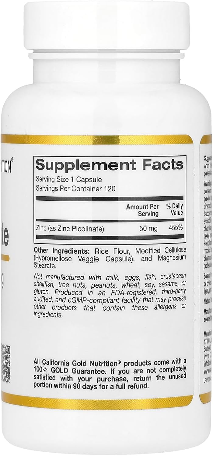 California Gold Nutrition Zinc Picolinate Capsules - 50mg, 120 Count - Immune Health Support Supplement