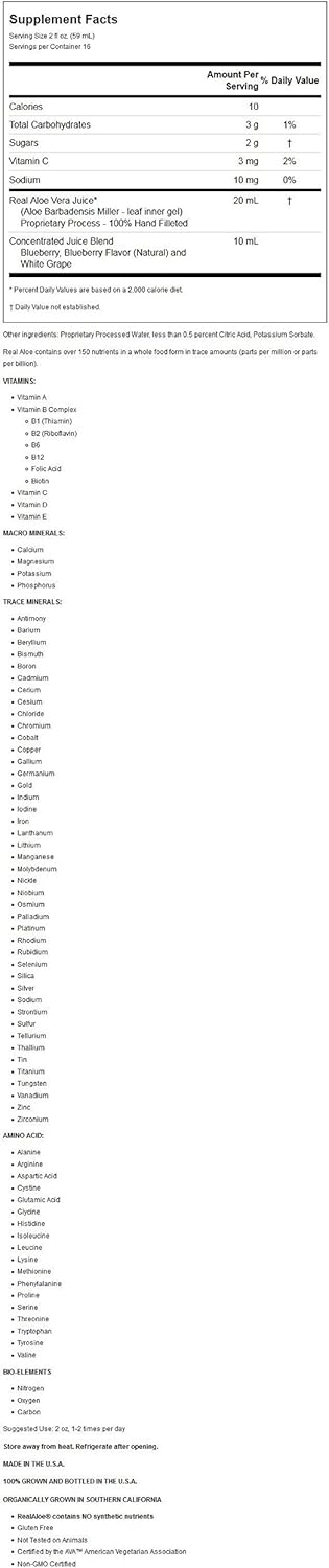 California Grown Organic Aloe Vera Juice with Blueberry | Farm Fresh Aloe Leaves | Hand-Filleted Since 1972 | Dietary Supplement, 32 fl oz