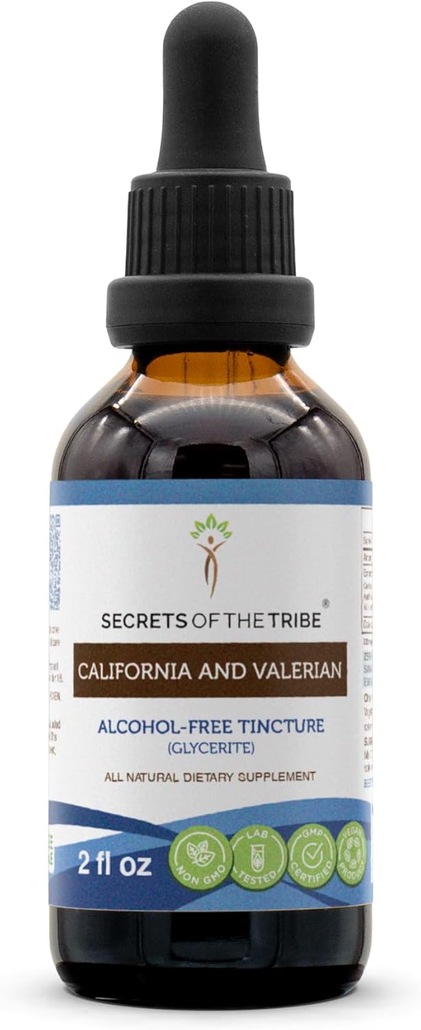 California Poppy and Valerian Root Herbal Tincture Extract - Alcohol-Free, Secrets of the Tribe - 2 oz