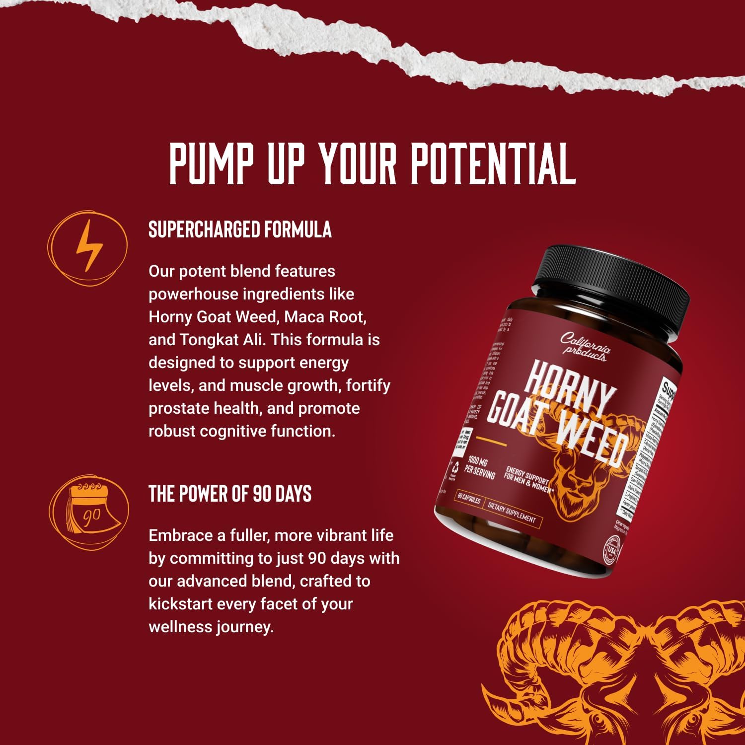 California Products Horny Goat Weed Complex with 1000mg Extract, Tongkat Ali, and Maca Root Powder for Extra Strength