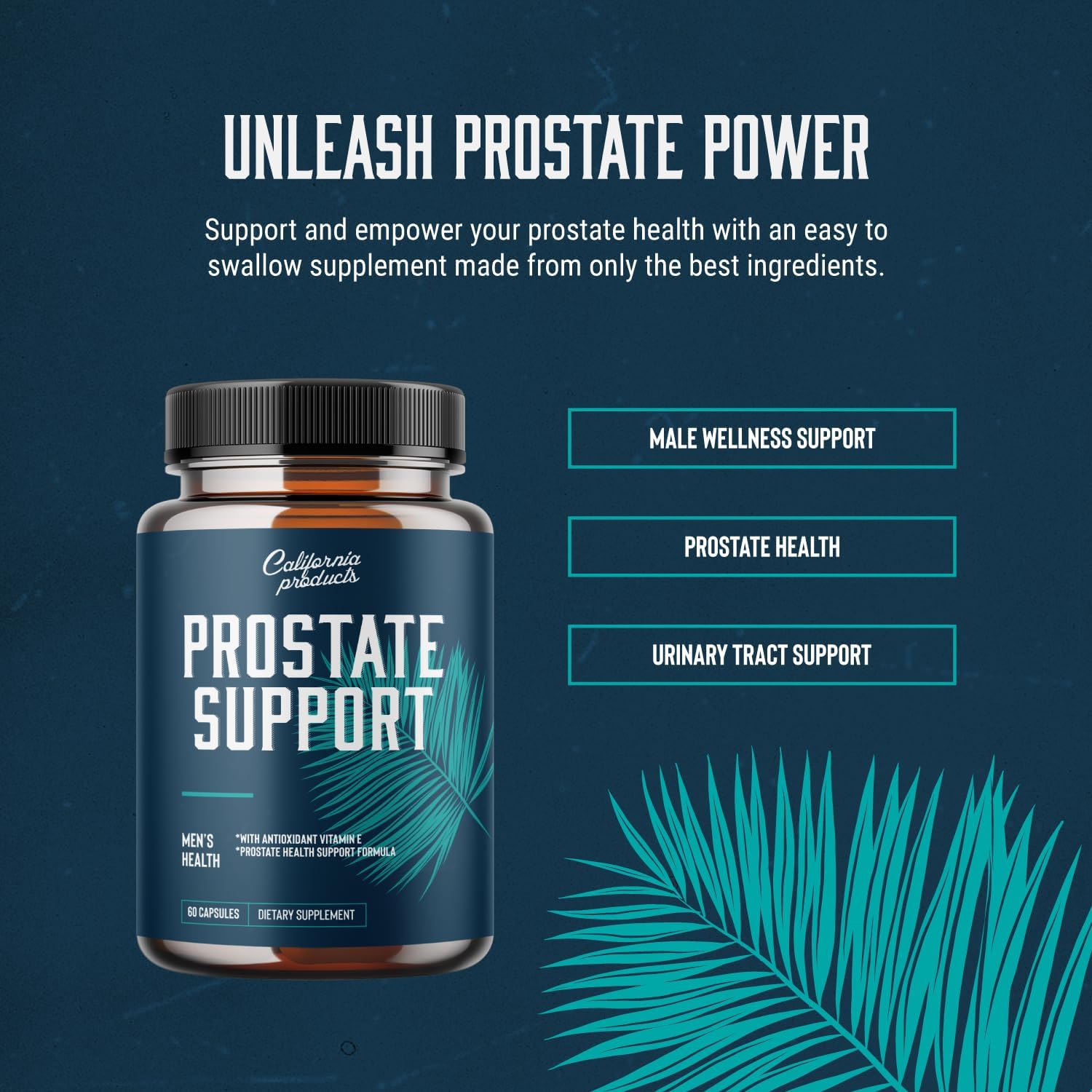 California Products Prostate Support Supplement with Saw Palmetto, Vitamin E, Amino Acids, Pygeum - Reduce Frequent Urination & Hair Loss Symptoms - Natural Formula for Men