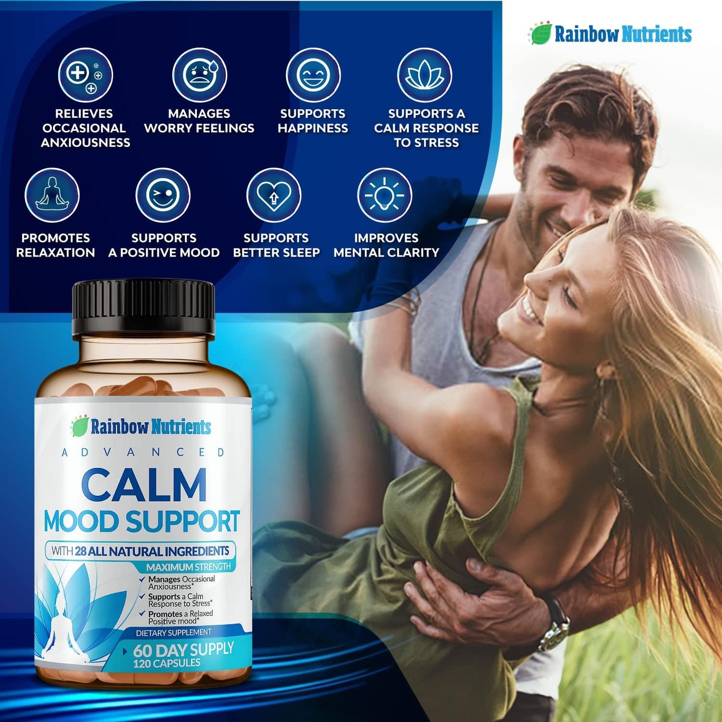 Calm Mood Support Supplement for Occasional Anxiety & Stress - Natural Happy Pills for Relaxation, Mental Clarity - 28-in-1 Mood & Sleep Support - 120 Vegan Capsules by Rainbow Nutrients, LLC