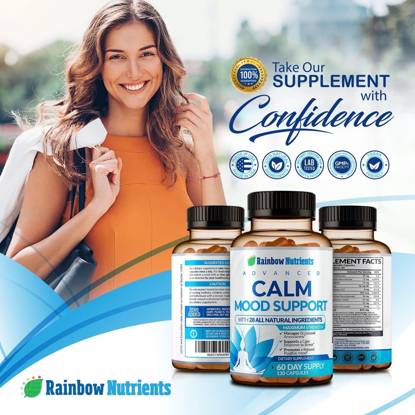 Calm Mood Support Supplement for Occasional Anxiety & Stress - Natural Happy Pills for Relaxation, Mental Clarity - 28-in-1 Mood & Sleep Support - 120 Vegan Capsules by Rainbow Nutrients, LLC