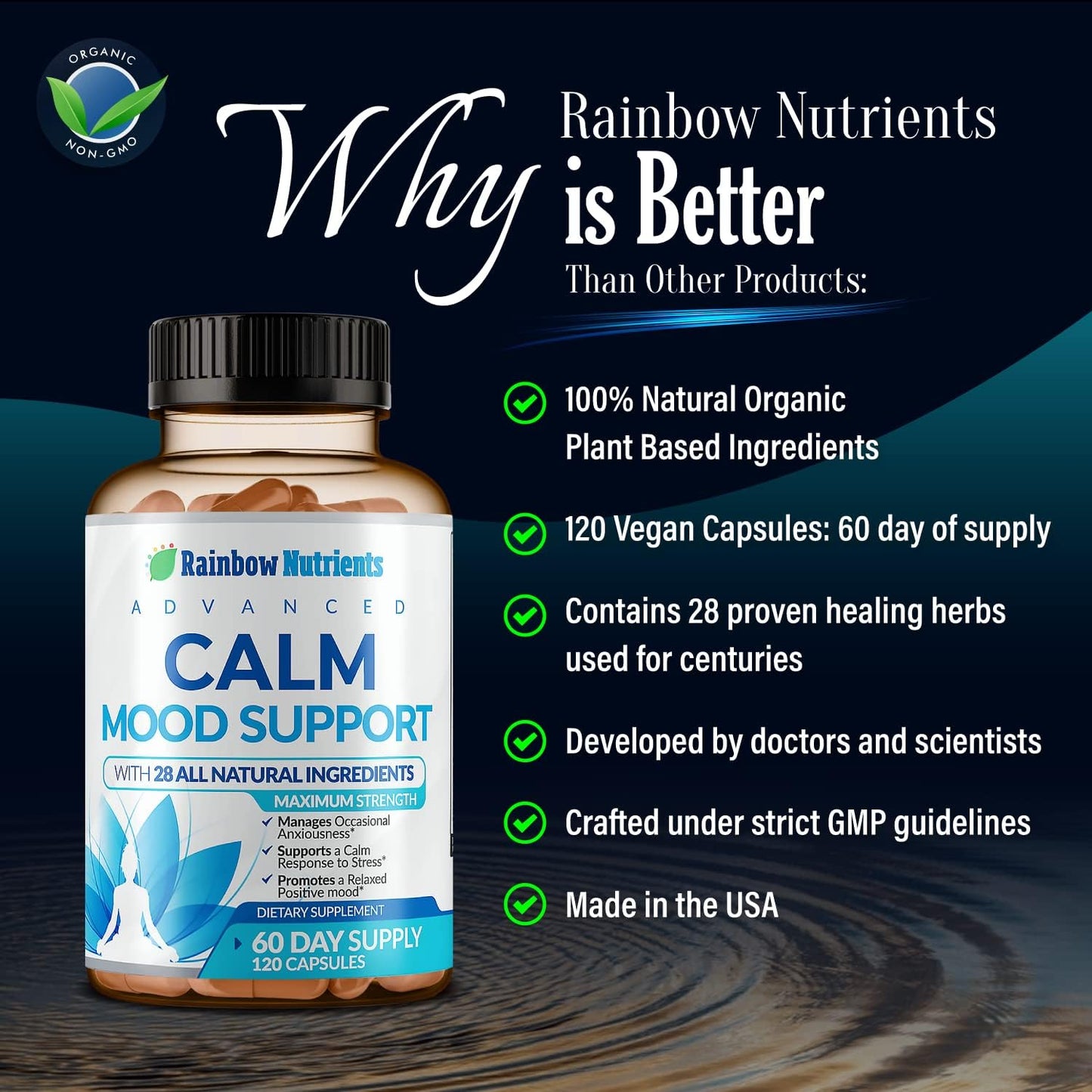 Calm Mood Support Supplement for Occasional Anxiety & Stress - Natural Happy Pills for Relaxation, Mental Clarity - 28-in-1 Mood & Sleep Support - 120 Vegan Capsules by Rainbow Nutrients, LLC