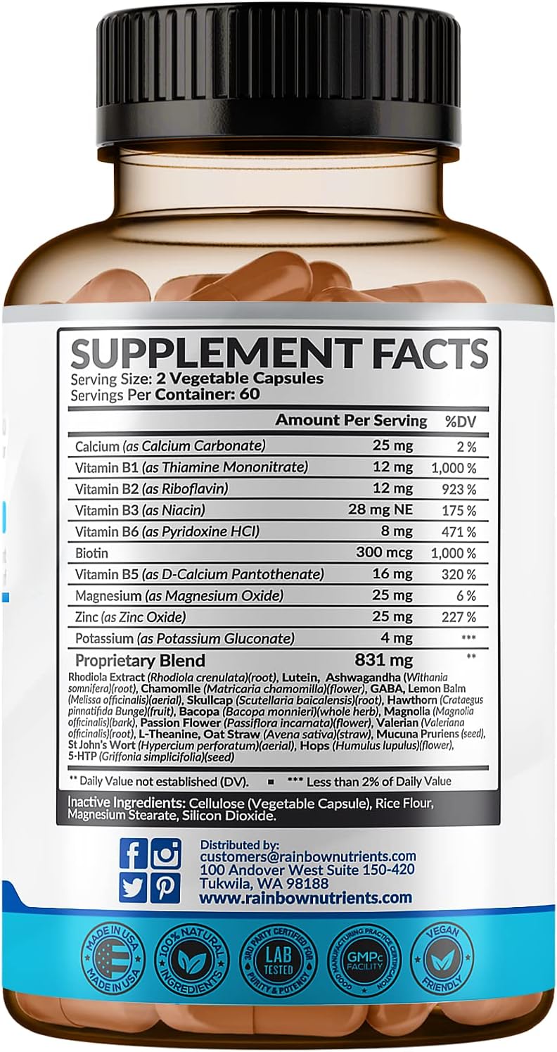 Calm Mood Support Supplement for Occasional Anxiety & Stress - Natural Happy Pills for Relaxation, Mental Clarity - 28-in-1 Mood & Sleep Support - 120 Vegan Capsules by Rainbow Nutrients, LLC