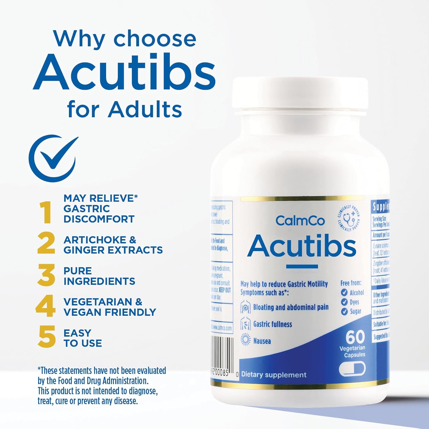 CalmCo Acutibs Vegetarian Capsules with Artichoke & Ginger Extracts - 60 Count for Digestive Comfort
