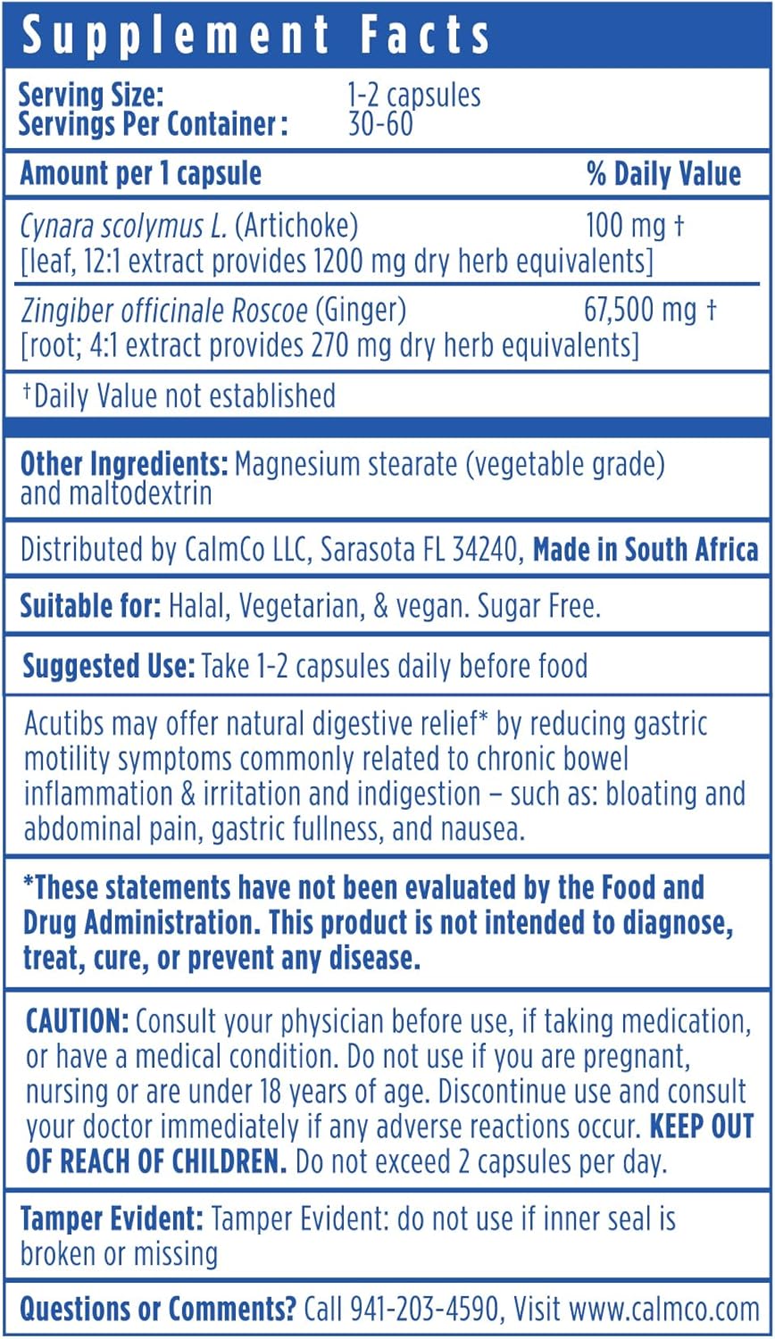 CalmCo Acutibs Vegetarian Capsules with Artichoke & Ginger Extracts - 60 Count for Digestive Comfort
