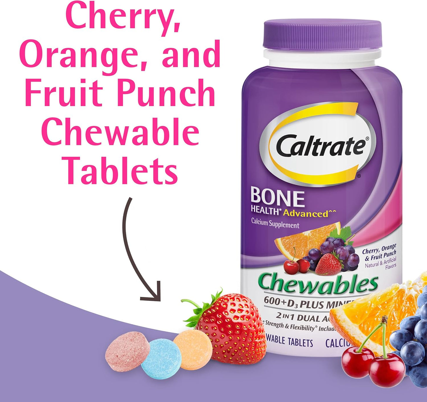 Caltrate Chewables 600 +D3 Plus Minerals, Sugar Free, Cherry, Orange, Fruit Punch Flavors - 155 Count