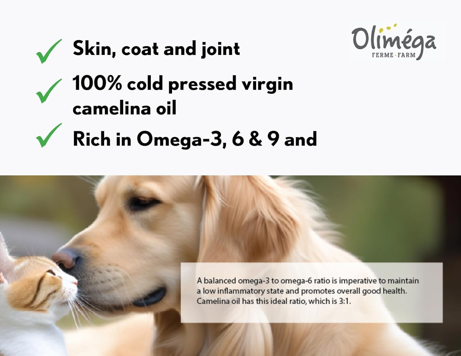 Camelina Oil for Dogs & Cats, 500mL - High in Omega-3 & Vitamin E - Supports Healthy Joints, Coat & Skin - Canadian-Made - Non-GMO - by Olimega Farm