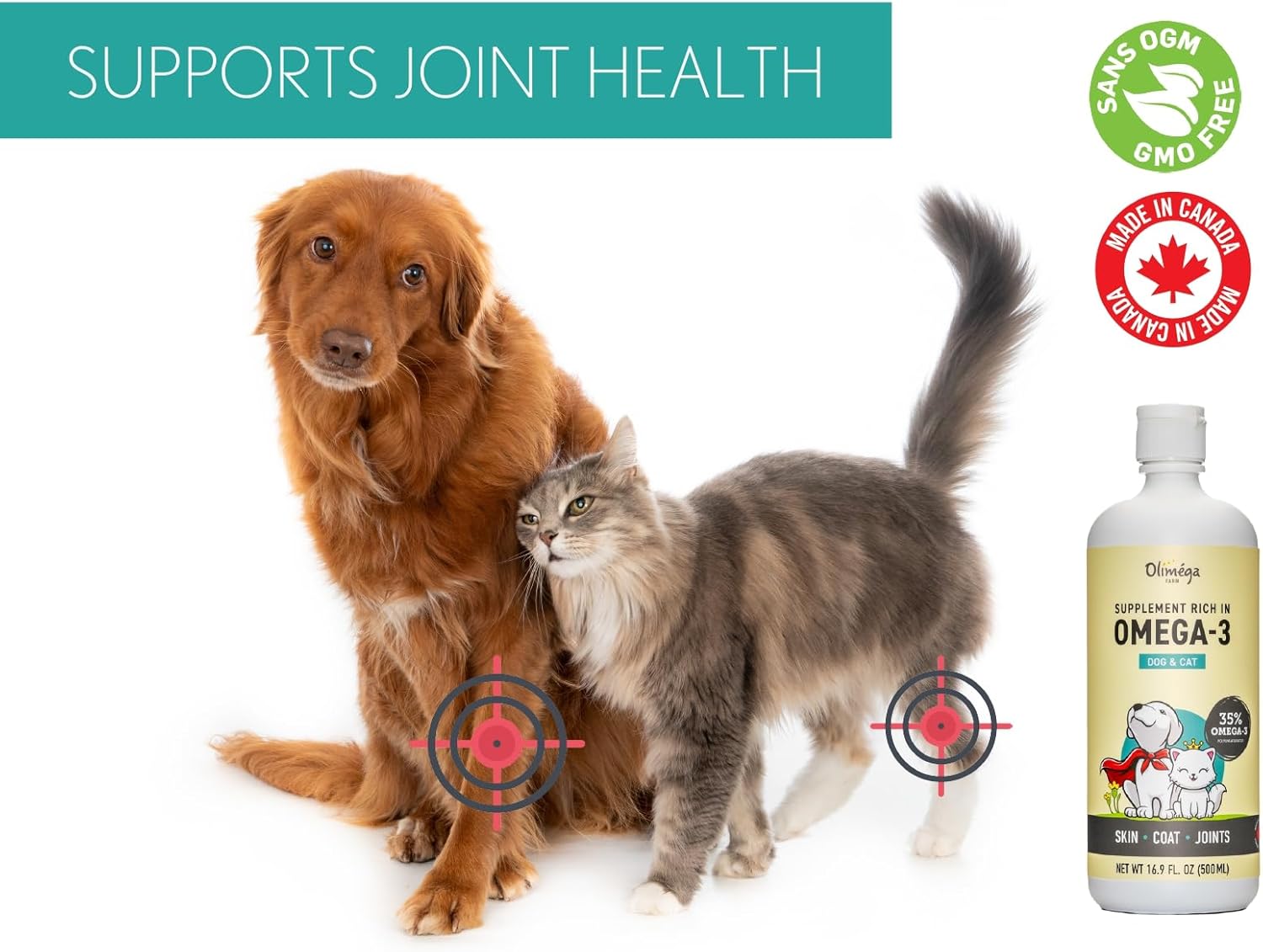 Camelina Oil for Dogs & Cats, 500mL - High in Omega-3 & Vitamin E - Supports Healthy Joints, Coat & Skin - Canadian-Made - Non-GMO - by Olimega Farm