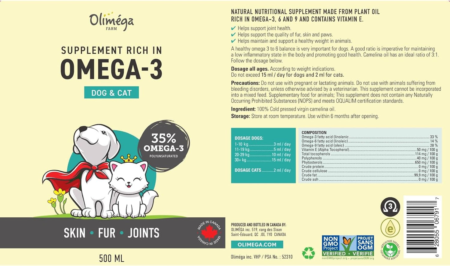 Camelina Oil for Dogs & Cats, 500mL - High in Omega-3 & Vitamin E - Supports Healthy Joints, Coat & Skin - Canadian-Made - Non-GMO - by Olimega Farm