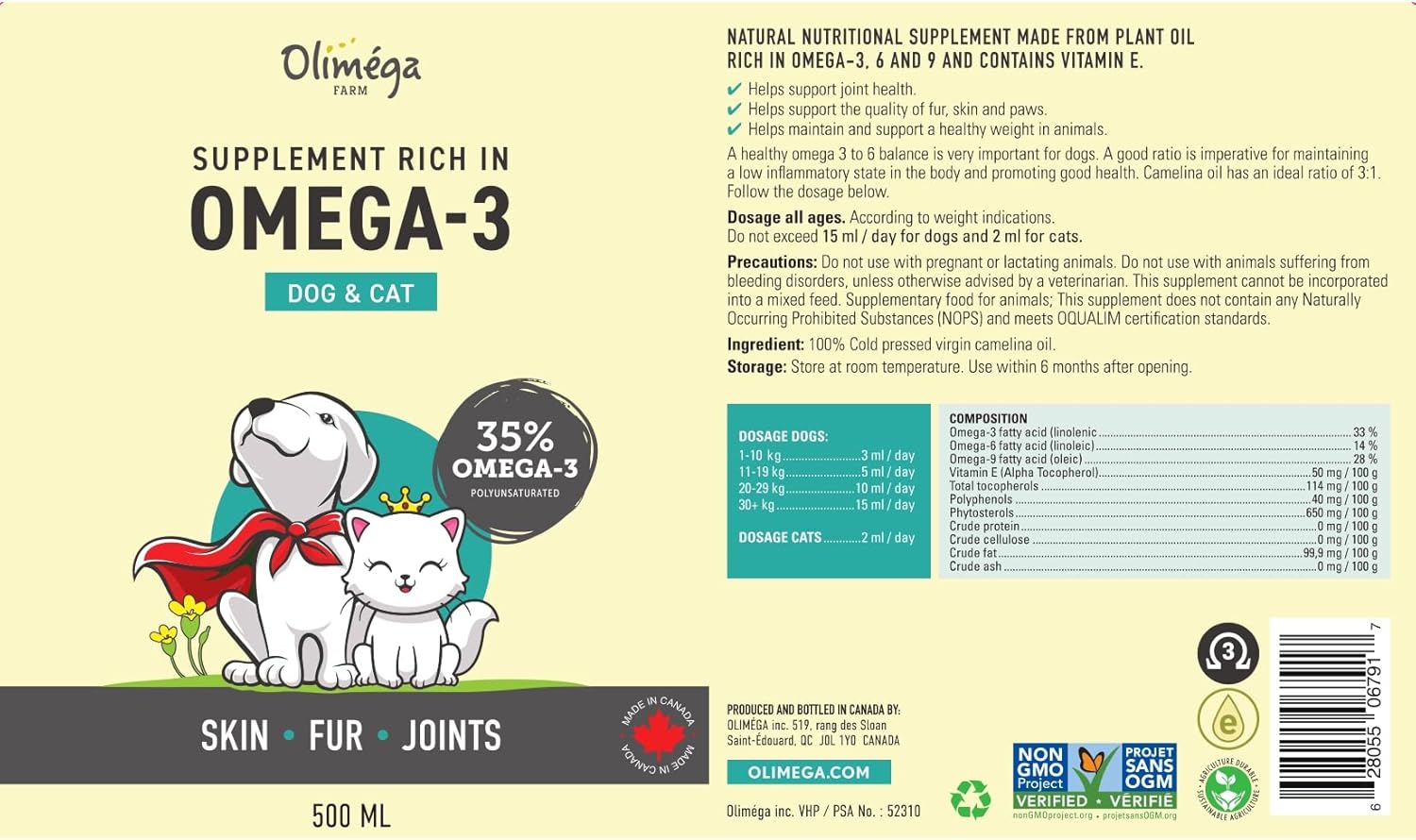 Camelina Oil for Dogs & Cats, 500mL - High in Omega-3 & Vitamin E - Supports Healthy Joints, Coat & Skin - Canadian-Made - Non-GMO - by Olimega Farm