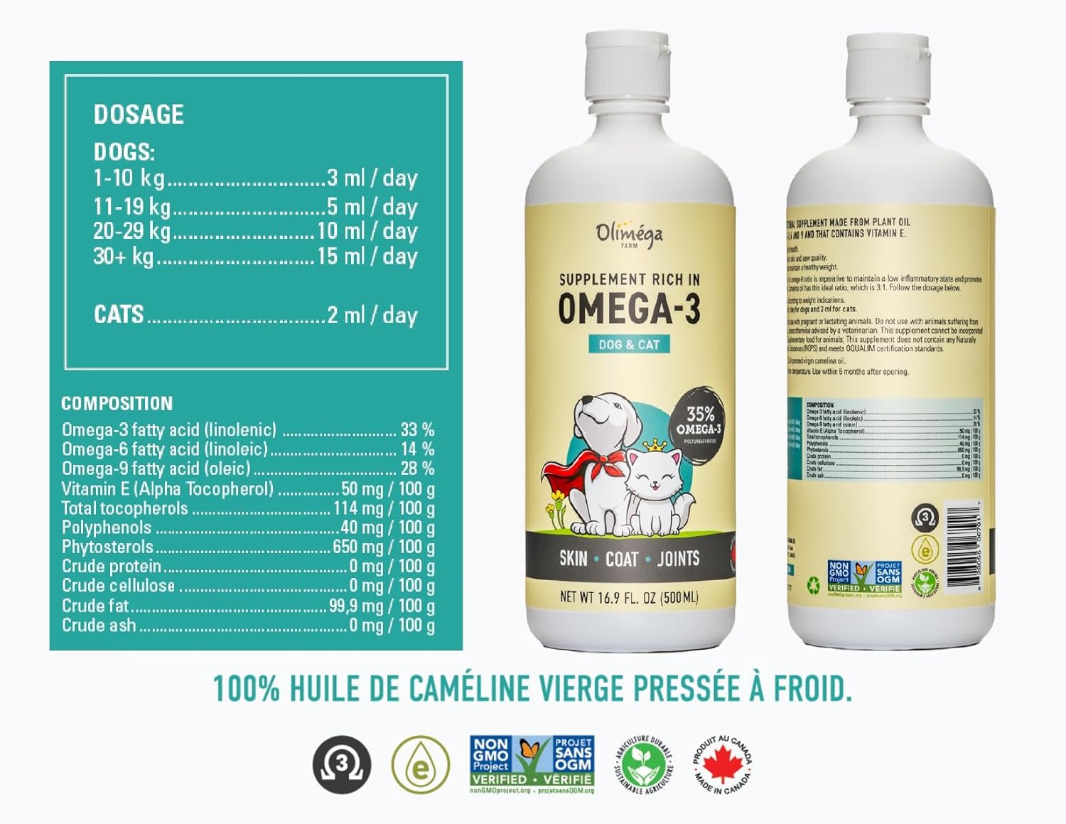 Camelina Oil for Dogs & Cats, 500mL - High in Omega-3 & Vitamin E - Supports Healthy Joints, Coat & Skin - Canadian-Made - Non-GMO - by Olimega Farm