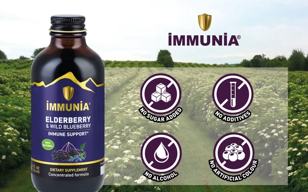 Canadian-made Immunia Elderberry & Wild Blueberry Concentrate for Immune Support - 24 Day Supply - Delicious Natural Taste - 1 Bottle