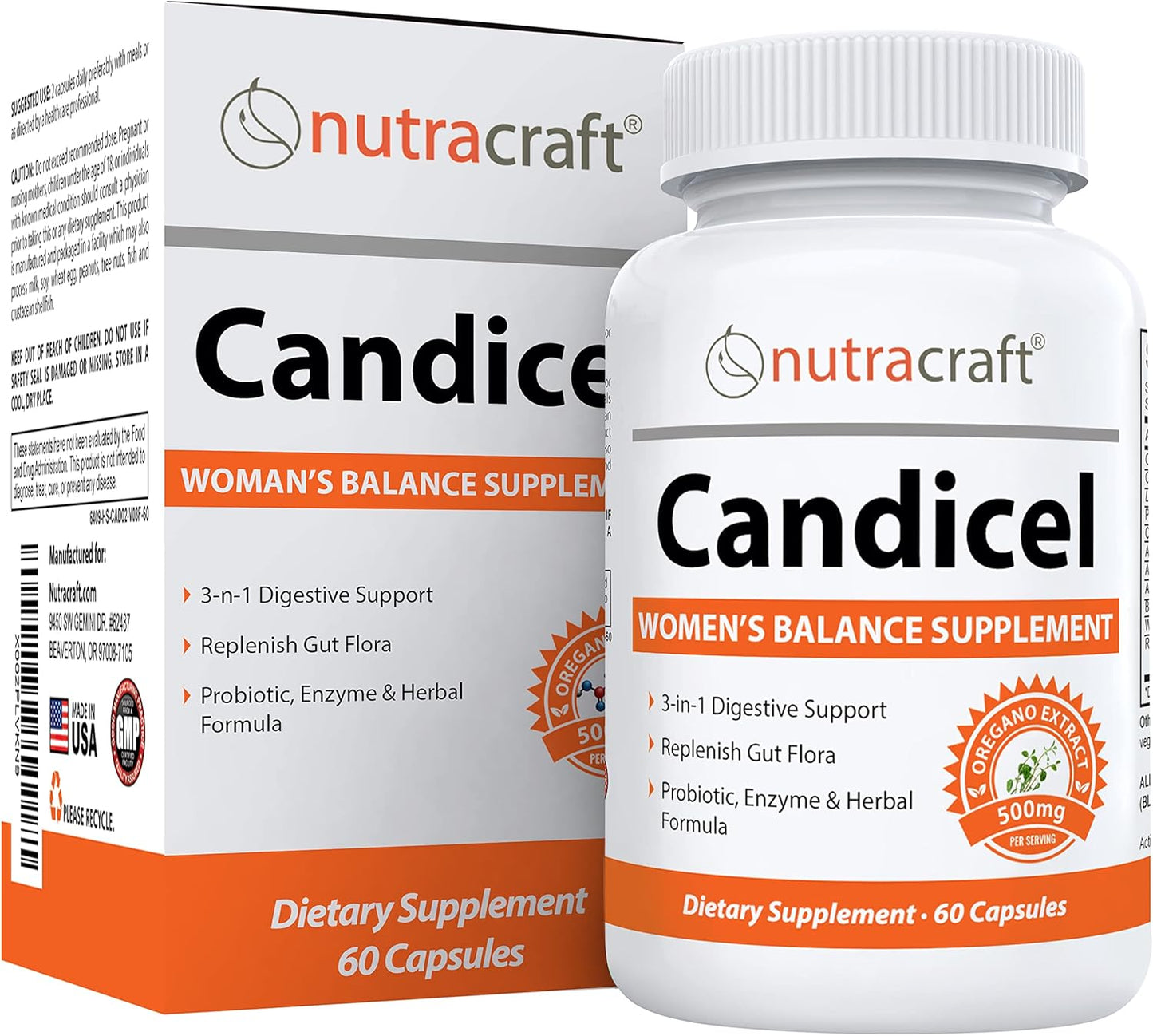 Candicel Intestinal Flora Supplement with Caprylic Acid, Oregano, Wormwood, Black Walnut & Probiotics - 60 Capsules